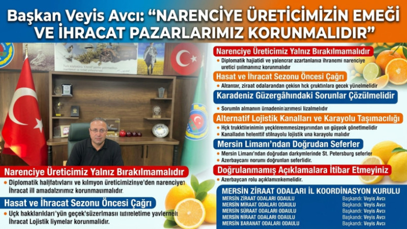 Mersin Ziraat Odaları Koordinatör Başkanı Veyis Avcı'dan Acil İhracat Çağrısı